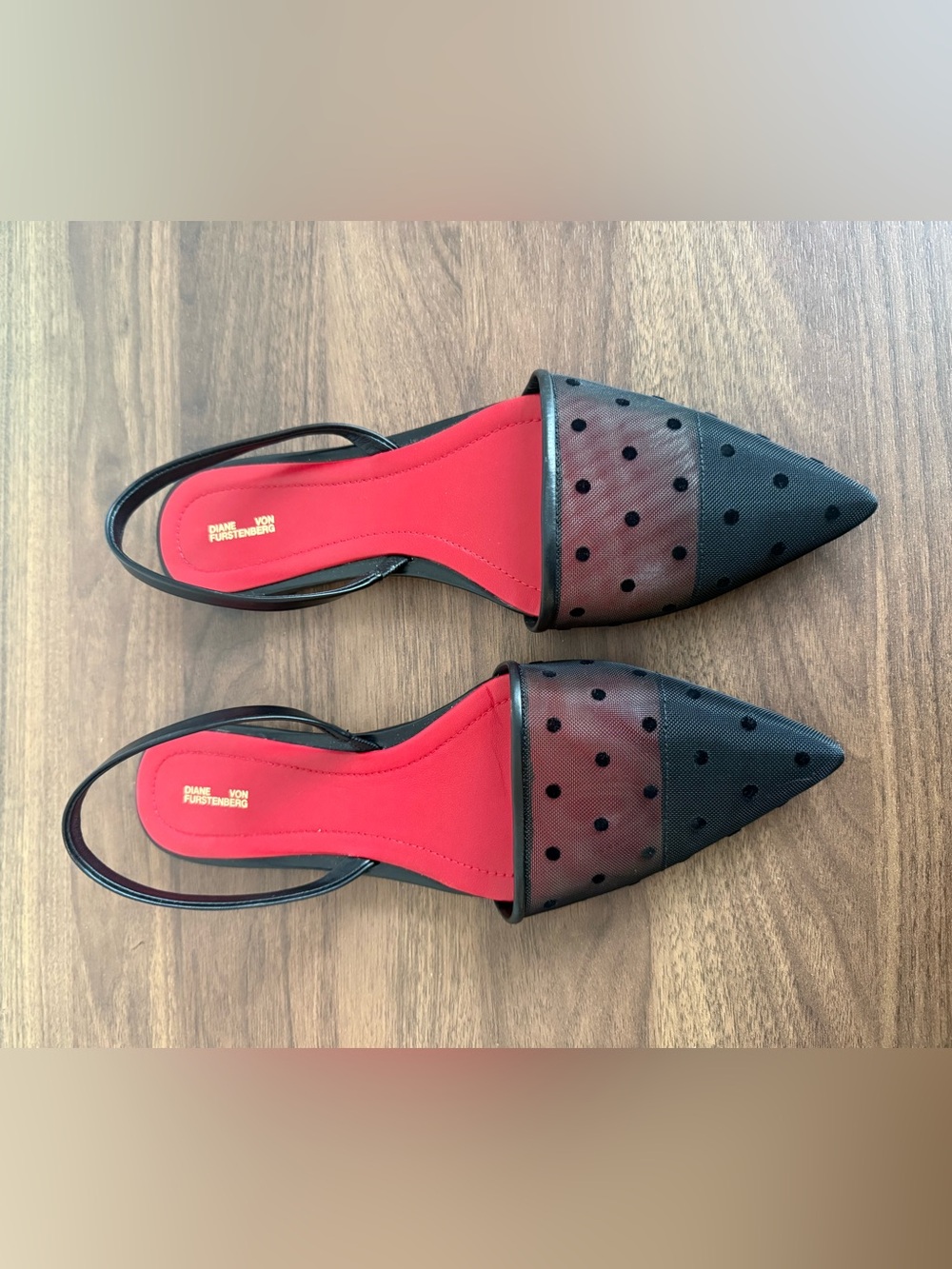 Diane von Furstenburg  Mesh Polka Dot Pointed Slingback Flats w/ Red Insole